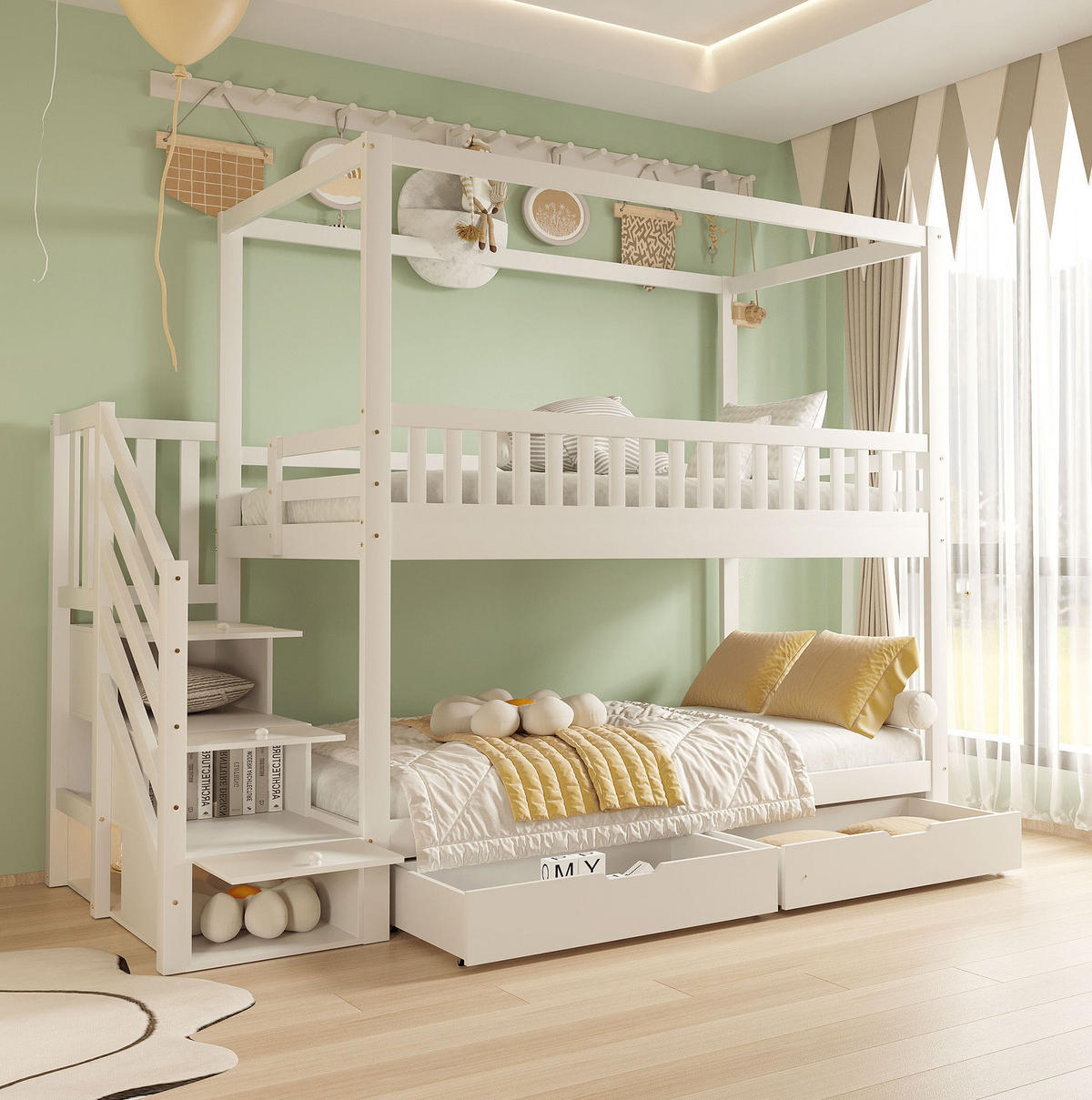 ETAGENBETT 90/200 cm mit Sicherheitsleiter, Schubladen und Hausform, Weiß - Weiß, Holzwerkstoff (90/200cm) - Redom