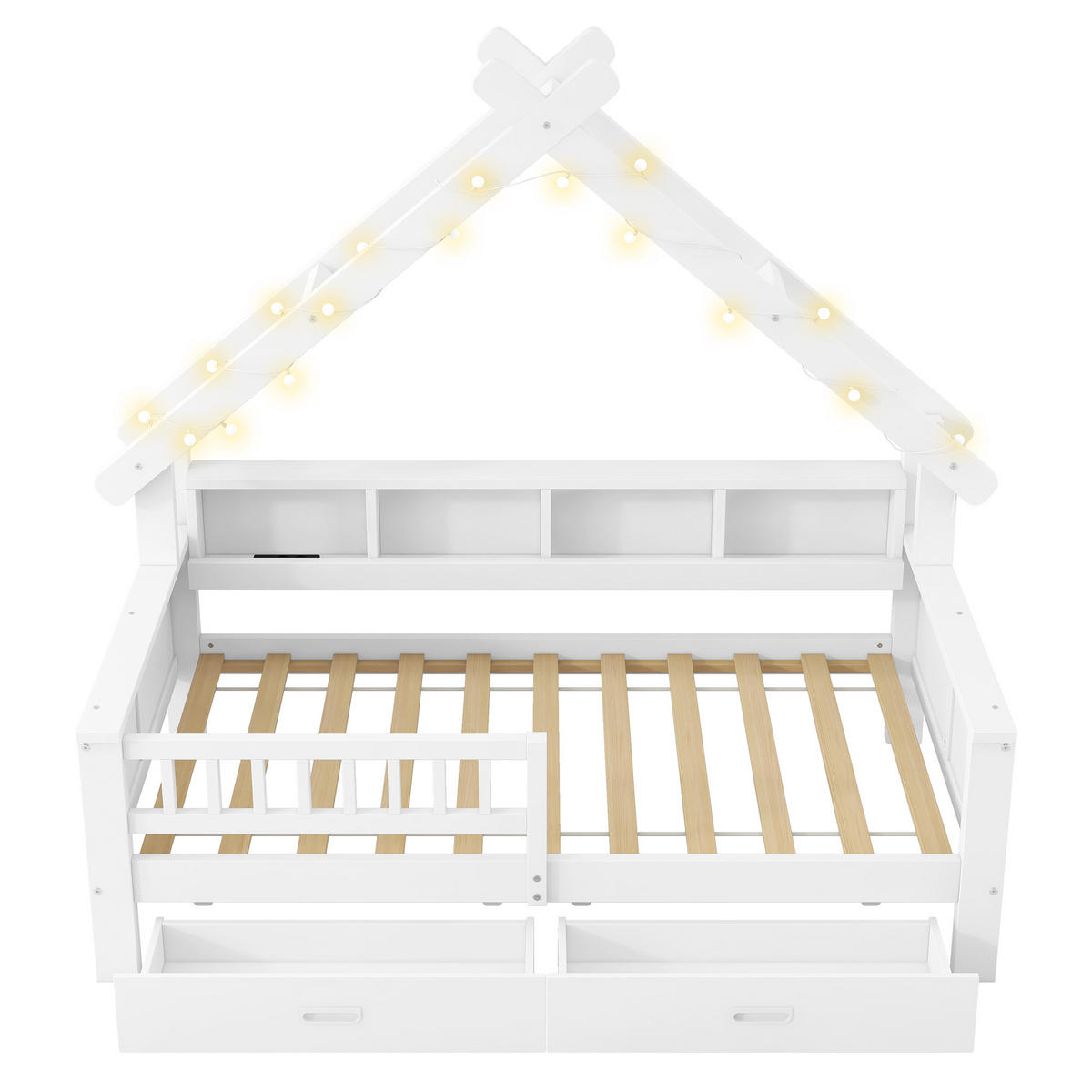 HAUSBETT 90/200 cm in Weiß mit LED, 2 Schubladen und Regal - Weiß, Holz/Holzwerkstoff (90/200cm) - WISHDOR