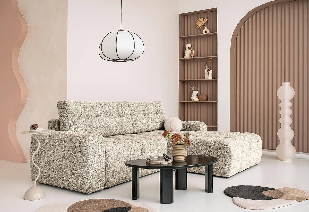 ECKSOFA mit Schlaffunktion - Strukturstoff - Creme/Schwarz, Kunststoff/Textil (268/184cm) - home24