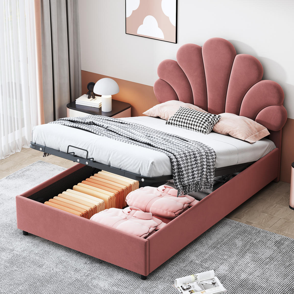 POLSTERBETT 90x200 cm Rosa aus Samt mit hydraulischem Stauraum und floralem Kopfteil - Rosa, Textil (90/200cm) - IVMEU