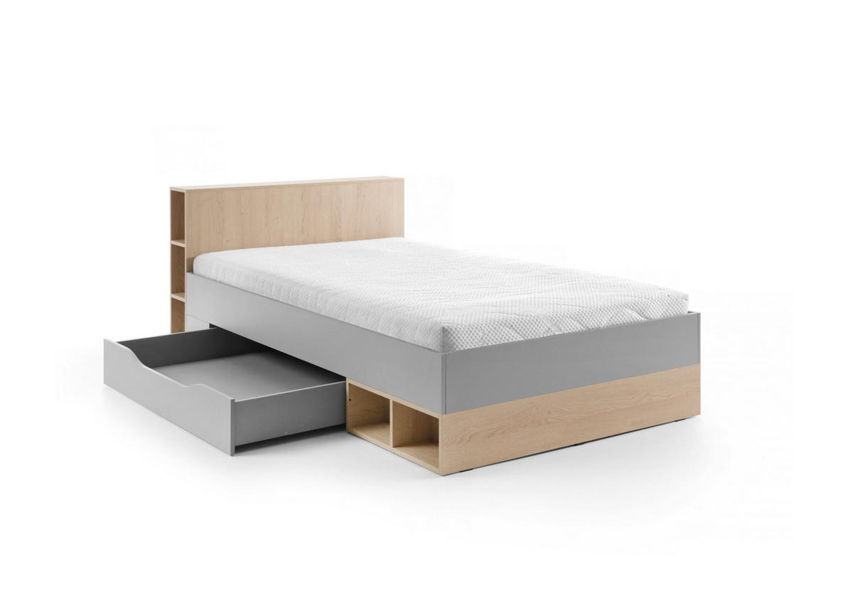 JUGENDBETT Nova in Grau und Eiche 120x200cm - Grau, Holzwerkstoff