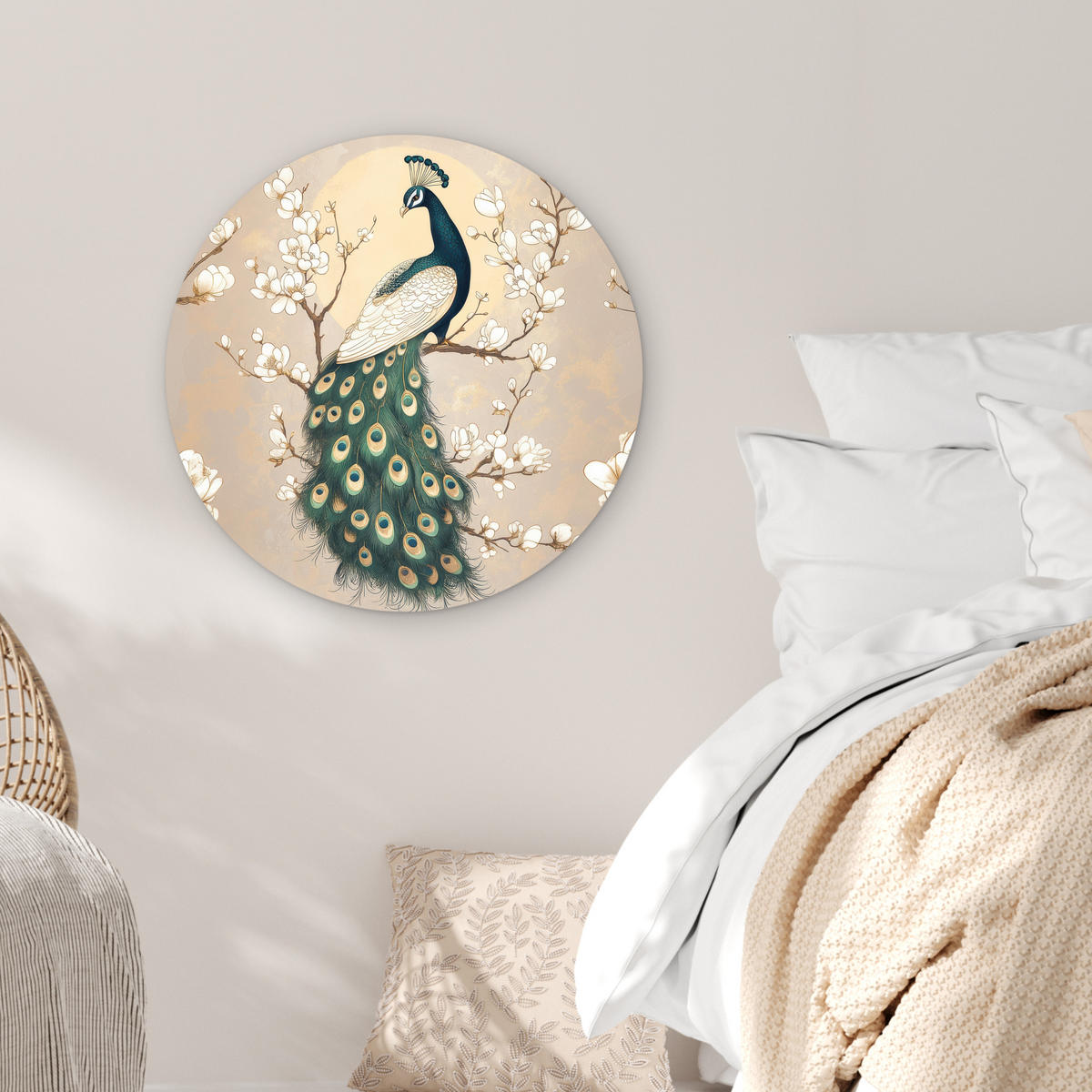 WANDBILD Pfau - Zweig - Blumen 60x60 cm - Champagner, Kunststoff (60/60cm) - MuchoWow