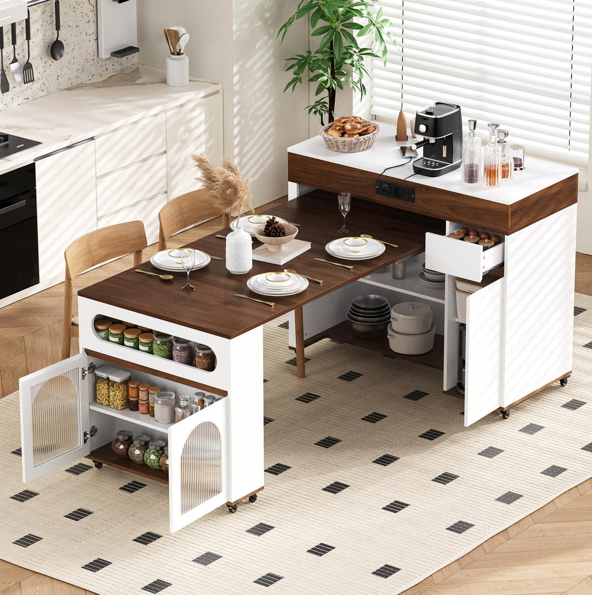 KÜCHENINSEL 50,5-187,5/110,5/95,5 cm aus MDF mit ausziehbarer Tischplatte, Rollen und Steckdosenleiste, Weiß/Walnuss - Walnussfarben, Holzwerkstoff (110.5/95.5/50.5cm) - Redom