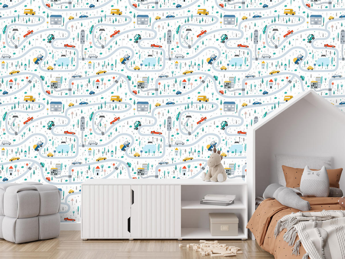 VLIESTAPETE Autos und Straßen – Bunt, Weiß – 50x1000 cm - Multicolor/Weiß, Papier (50/1000cm) - Muralo