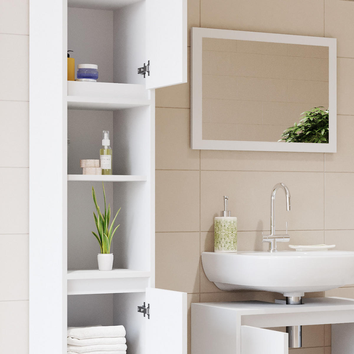 BADSCHRANK Emma Weiß 30 x 190 cm - Weiß, Holzwerkstoff (30/190/30cm) - Vicco