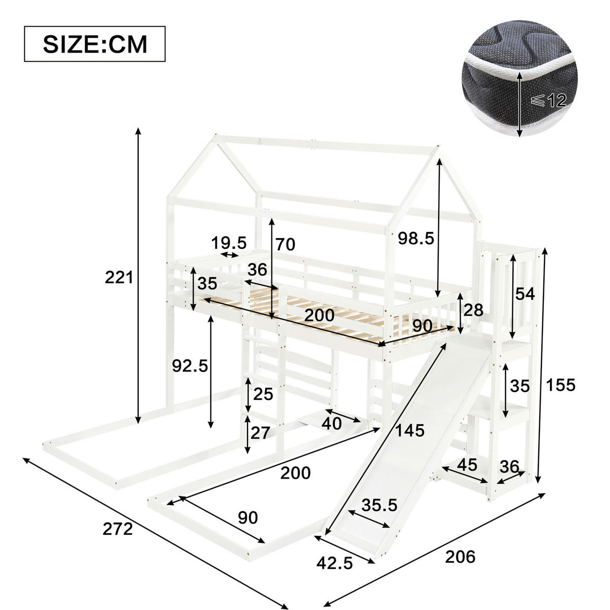 ETAGENBETT aus Kiefernholz und MDF 90x200 cm Weiß mit Rutsche, Leiter und 3 Schlafplätzen - Weiß, Holzwerkstoff (90/200cm) - IVMEU