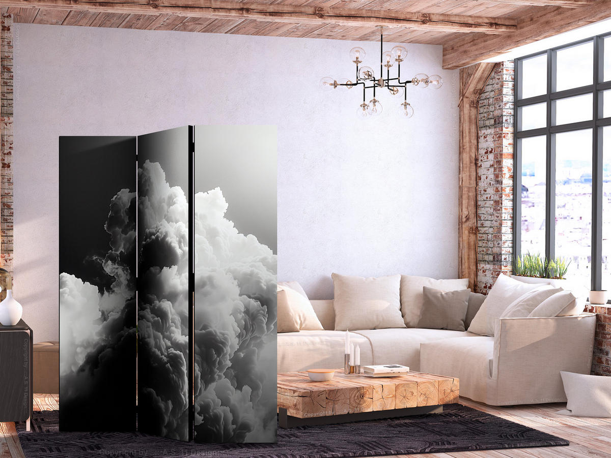 PARAVENT Akustik 3-tlg 135x172 cm Wolken im Schwarz-Wei - Schwarz, Holz/Textil (135/172/3cm) - Muralo