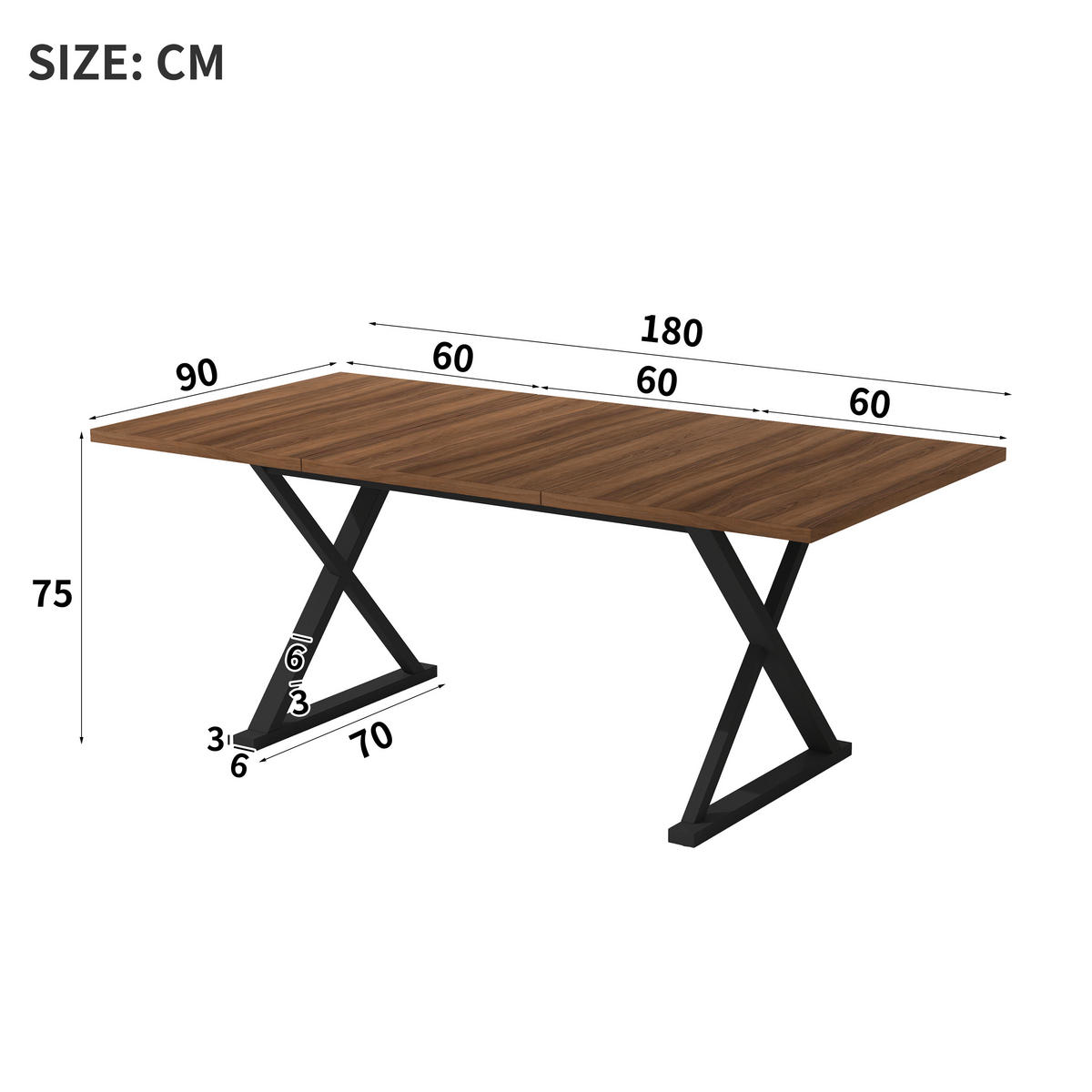 ESSTISCH, 6-8 Personen, Metallbeine, Walnuss/Schwarz, 180x90x75cm - Walnussfarben, Holzwerkstoff (180/90/75cm) - FLIEKS