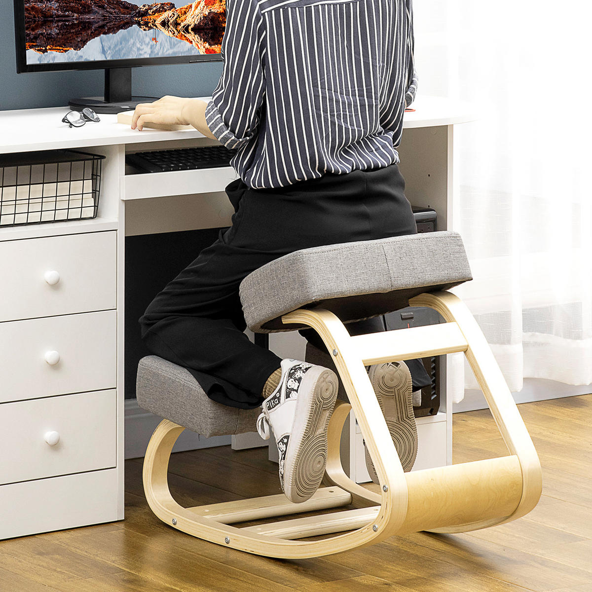 KNIESTUHL, ergonomischer Sitzhocker, Polsterhocker, 120 kg belastbar, Grau - Grau, Holz/Textil (51/58/69cm) - Vinsetto