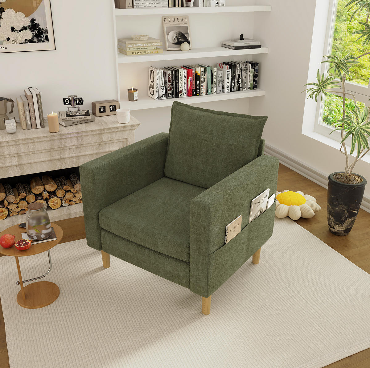 SESSEL 71/68/82 cm in Olivgrün aus Chenille mit Seitentaschen - Olivgrün, Textil (71/82/68cm) - BEAOK