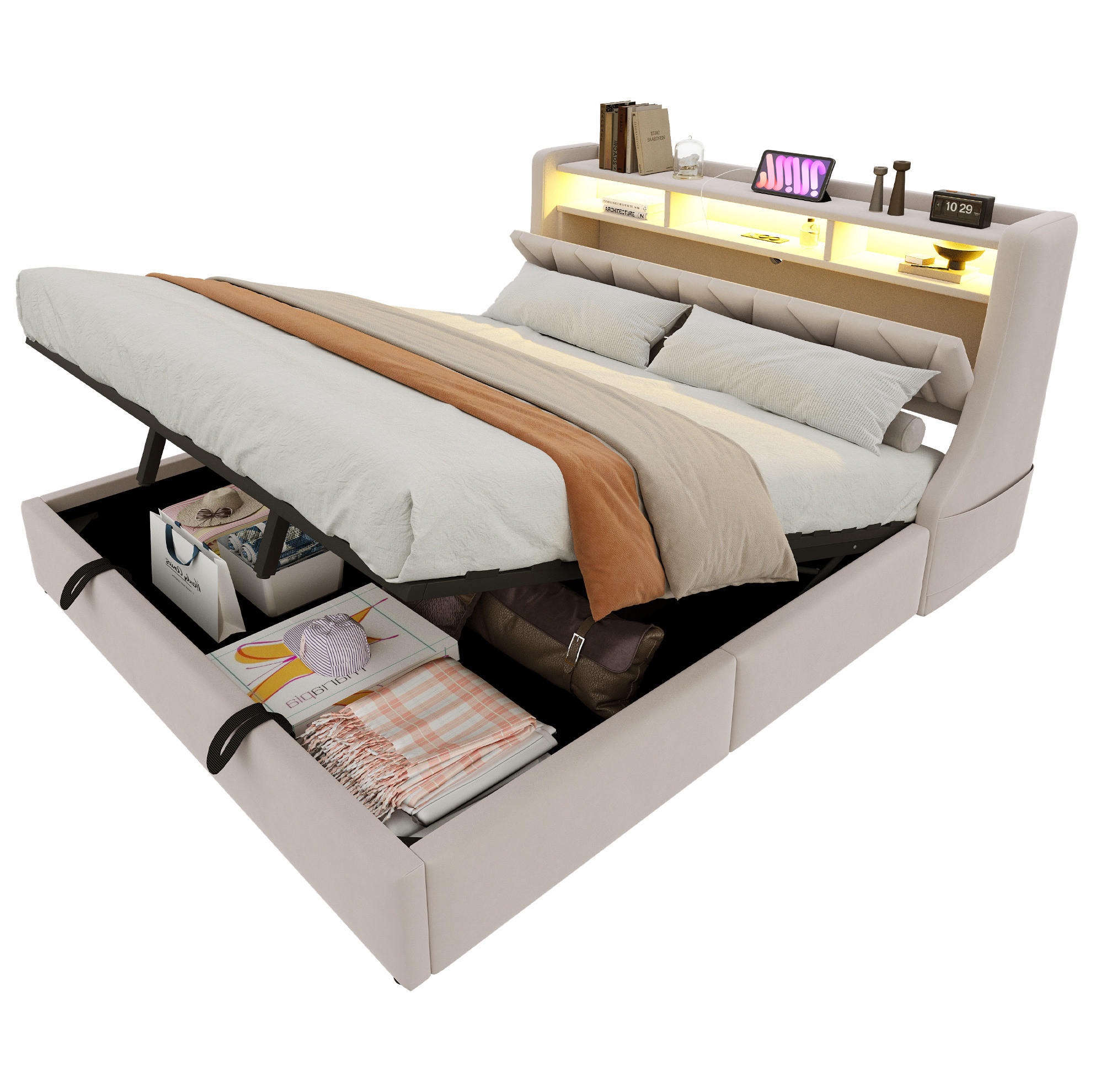 POLSTERBETT 180/200 cm Beige aus Samt mit Stauraum mit LED-Beleuchtung - Beige, Textil (180/200cm) - OKWISH