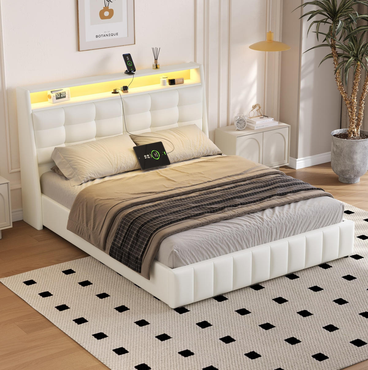 POLSTERBETT 160/200 cm aus MDF und Sperrholz mit PU-Bezug LED USB Stauraum und verstellbarem Kopfteil Weiß - Weiß, Textil (160/200cm) - Modenvie