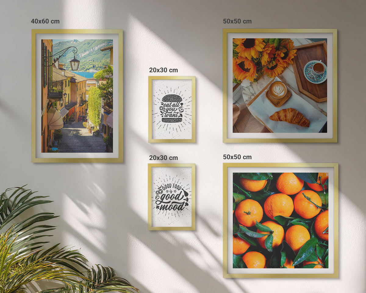 BILDER SET 5er Set - 50x50 cm & 20x30 cm & 40x60 cm Goldrahmen - Juicy Oranges Kitchen - Goldfarben, Kunststoff (40/60cm) - TULUP