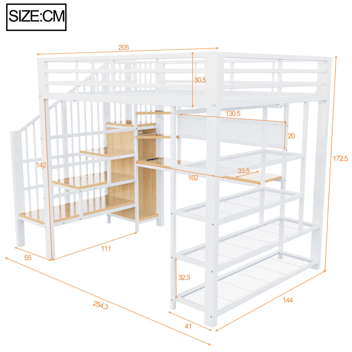 HOCHBETT 140/200 cm in Weiß mit Treppe, LED, Steckdosen und Regal - Weiß, Holzwerkstoff/Metall (140/200cm) - CHICFURN