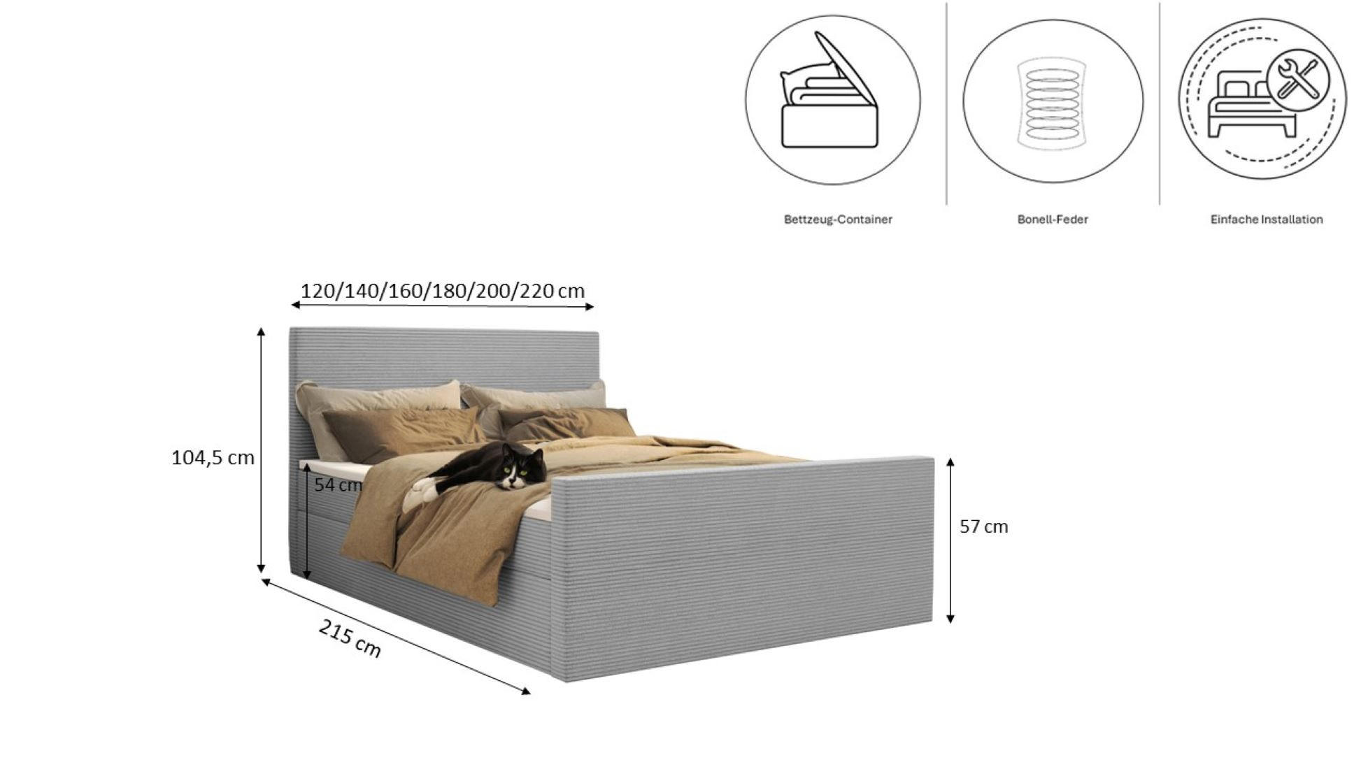 Thumbnail - Kaiser Möbel Boxbett, Hellgrau, Textil, 2-Sitzer, H3, Höhe ca. 2 cm, nicht einzeln stellbar,Rechteckig, 120x200 cm, Schl...