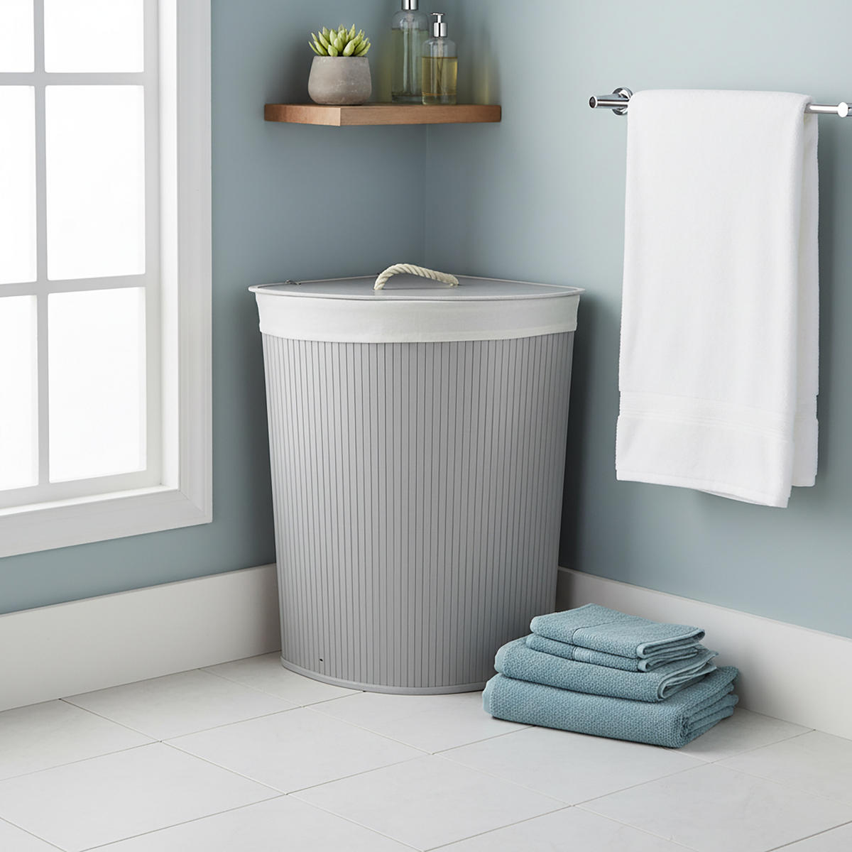 ECKWÄSCHEKORB - Grau, Holz/Textil (36/60/36cm) - Relaxdays