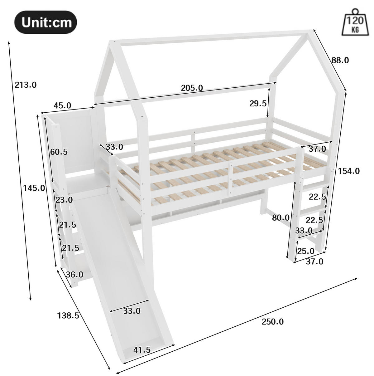HOCHBETT aus Kiefer 90x200 cm Weiß mit LED-Leiste, Rutsche, Regalen und Hausform - Weiß, Holz (90/200cm) - Modfu