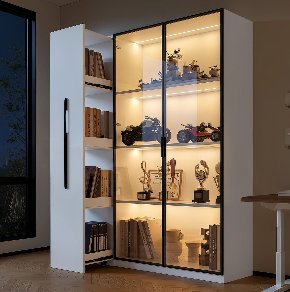 VITRINE 110,5/35/160 cm aus MDF mit LED-Vitrine und Seitenauszug Weiß - Weiß, Holzwerkstoff (110.5/160/35cm) - Modenvie