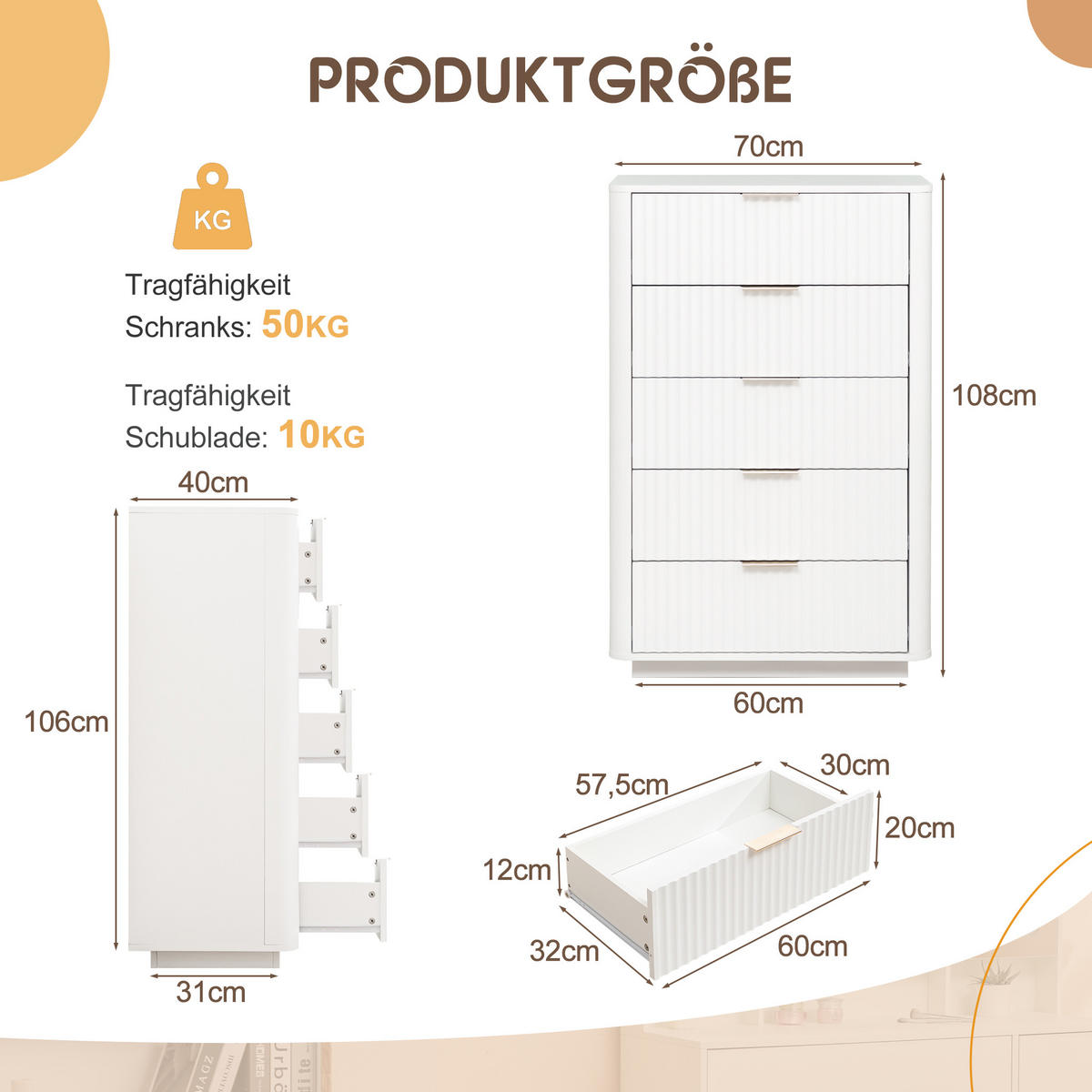 KOMMODE Weiß 70/40/108 cm - Weiß, Holzwerkstoff (70/108/40cm) - PANGIVO
