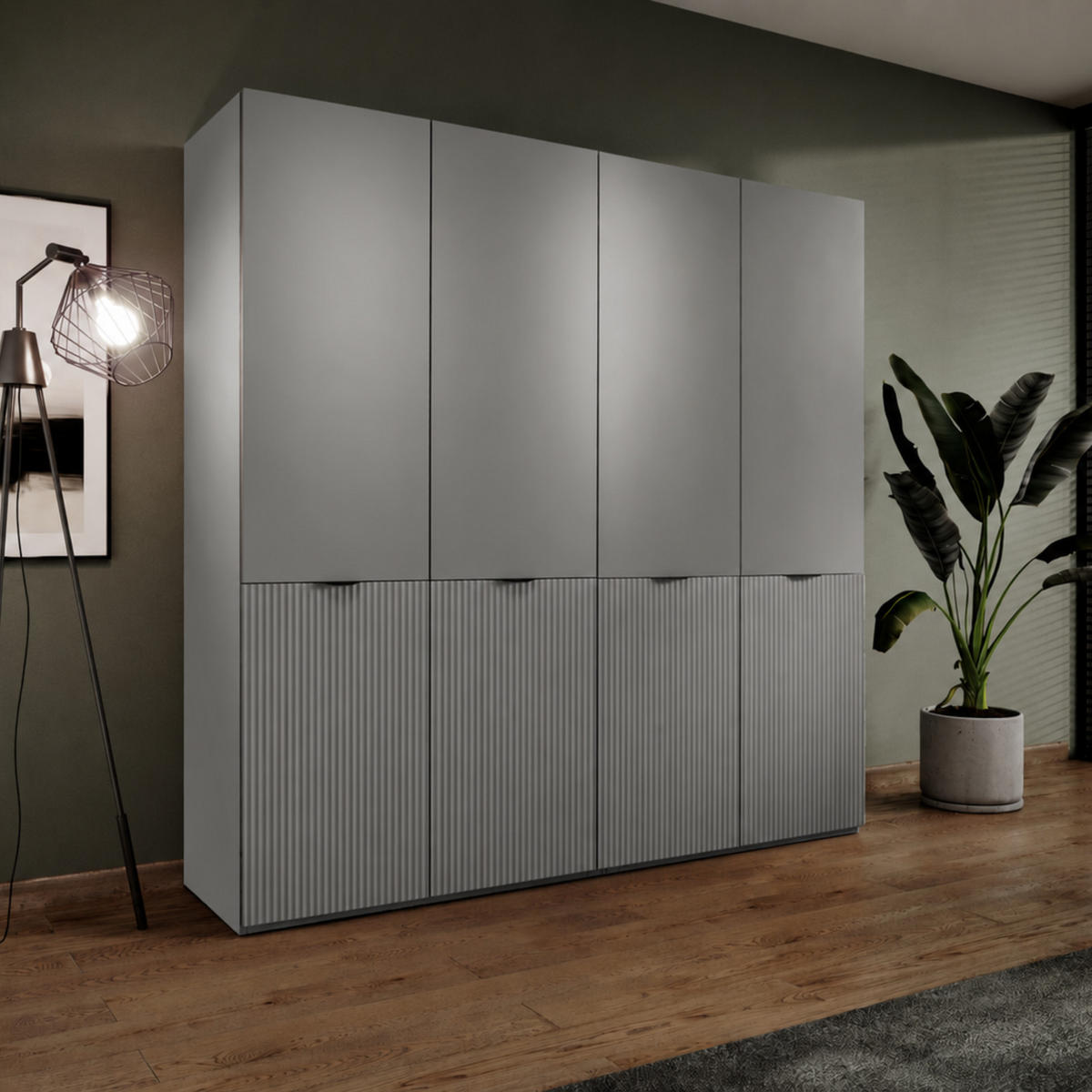 KLEIDERSCHRANK ZEN (Modular, Grau Matt, Rillenfront, 4-türig) - Schwarz/Grau, Holz/Holzwerkstoff (202/200/51cm) - Ravio