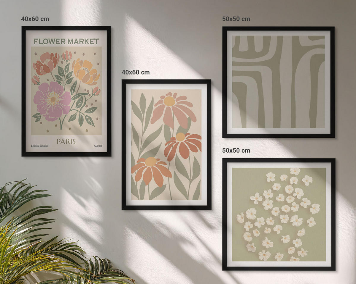 BILDER SET 4er Set - 50x50 cm & 40x60 cm Schwarzer Rahmen - Botanische Motive, Pariser Minimalismus - Schwarz, Kunststoff (50/50cm) - TULUP