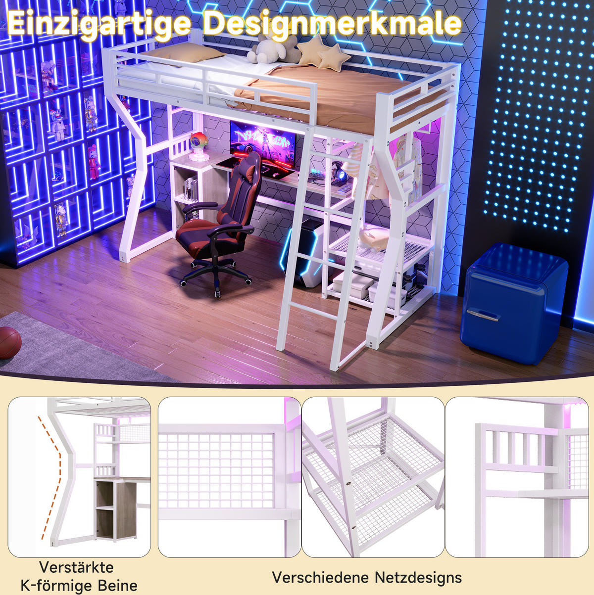 HOCHBETT 90/200 cm aus Metall und MDF mit Lichtleiste, Weiß - Weiß, Holzwerkstoff (90/200cm) - OKMYHOME