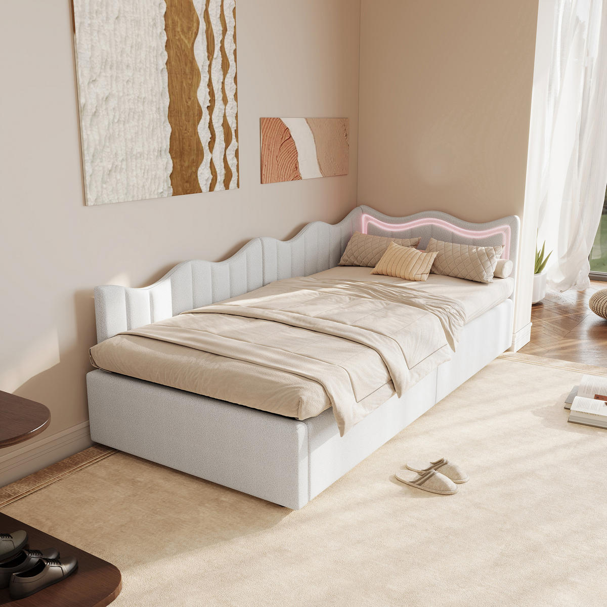 POLSTERBETT 90x200 cm LED Stauraum Kopfteil Samt weiß - Weiß, Holz (90/200cm) - LEBENLANG