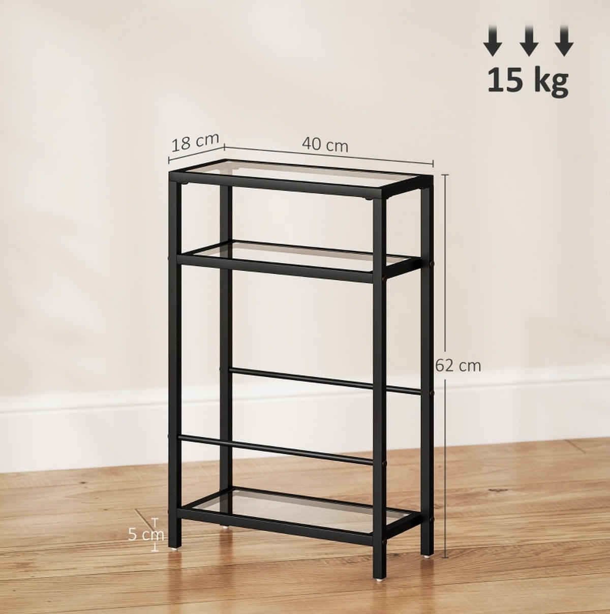 BEISTELLTISCH 18/40/62 cm mit 3 Glasablagen, platzsparendem Design und Stahlrahmen, Schwarz - Schwarz, Glas (40/18/62cm) - Redom