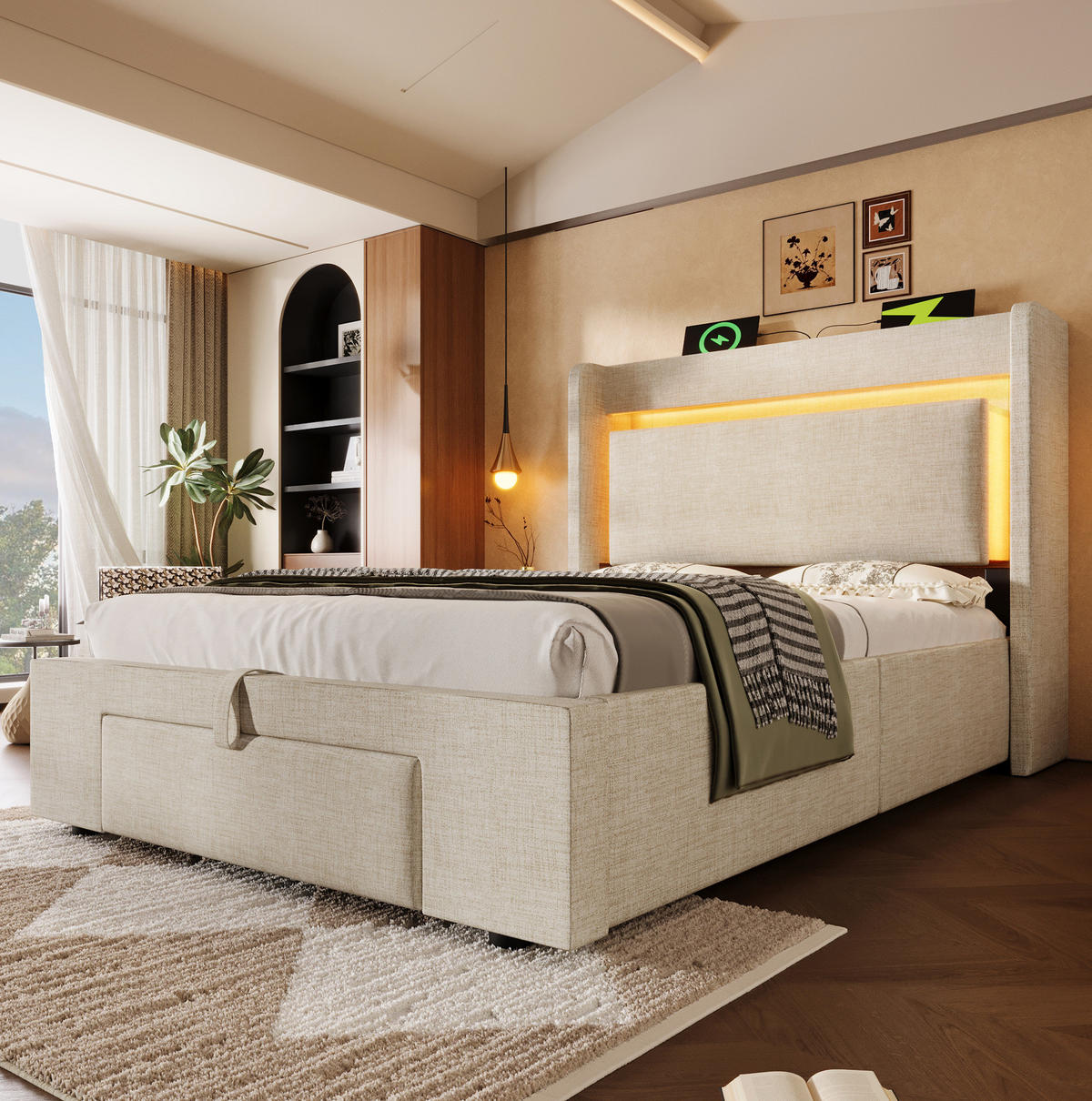 POLSTERBETT 90/200 cm beige aus Leinen mit LED Kopfteil USB und Stauraum - Beige, Textil (90/200cm) - OKWISH