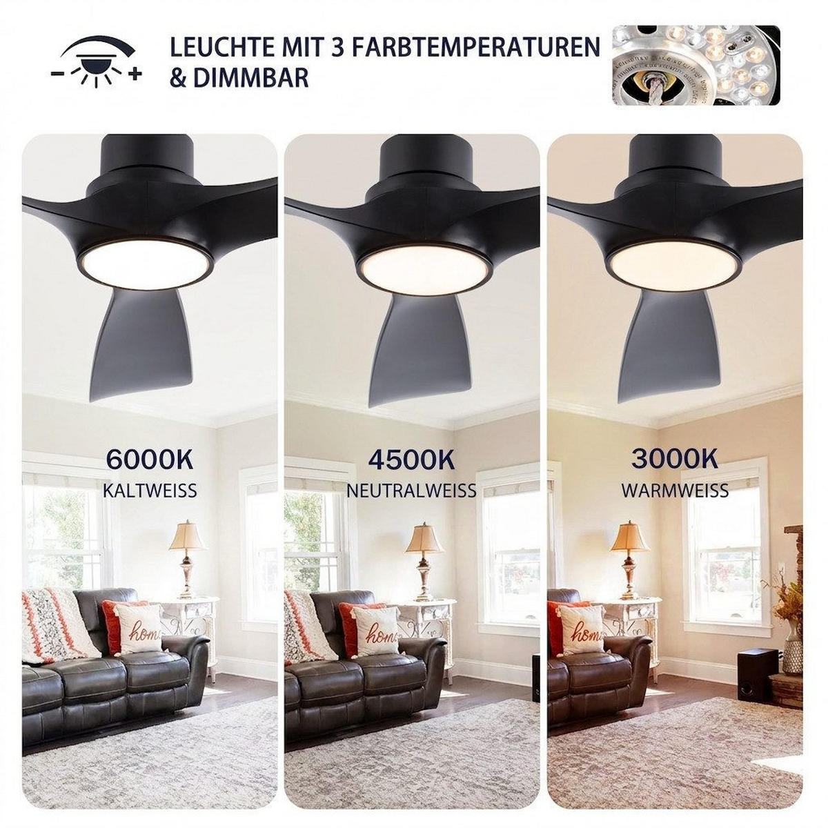 DECKENVENTILATOR & LED Beleuchtung Vor-/Rücklauf reversibler DC-Motor - Schwarz, Kunststoff (132/132/45.7cm) - BEXEVUE