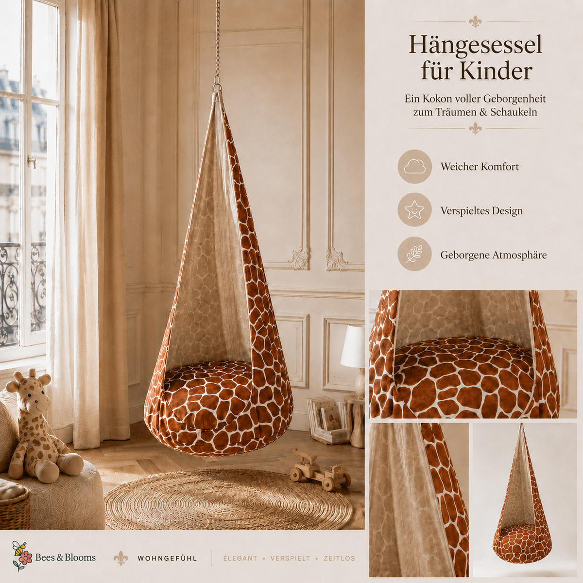 KINDER-HÄNGESESSEL XXL Giraffe – weiche Cocoon-Schaukel zum Spielen und Entspannen - Ecru/Braun, Textil (85/180/85cm) - Bees & Blooms