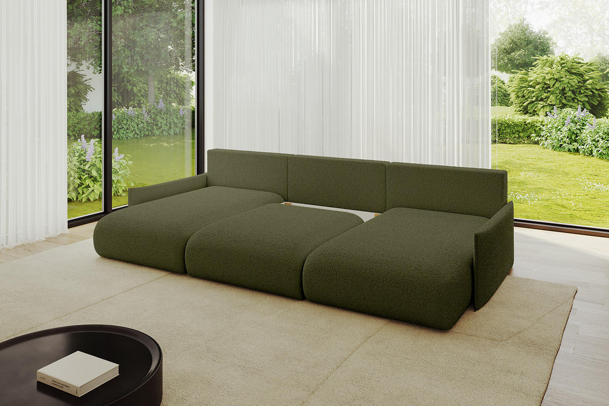 WOHNLANDSCHAFT mit Schlaffunktion und Bettkasten ONESK-U-v1 304x165x40 Grün Bouclé - Grün, Holzwerkstoff/Kunststoff (304/90/165cm) - ALTDECOR