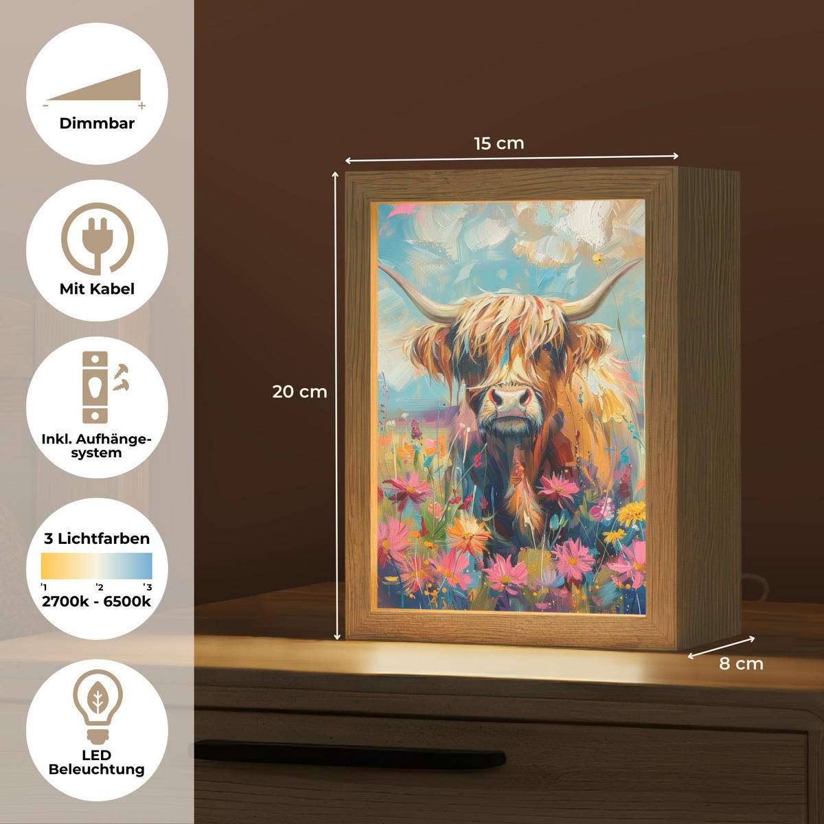 NÁSTĚNNÁ LAMPA Skotský horal - Příroda - Barevné - Květiny 15x20 cm - různobarevná, kompozitní dřevo (15/20/8cm) - OnlyWow