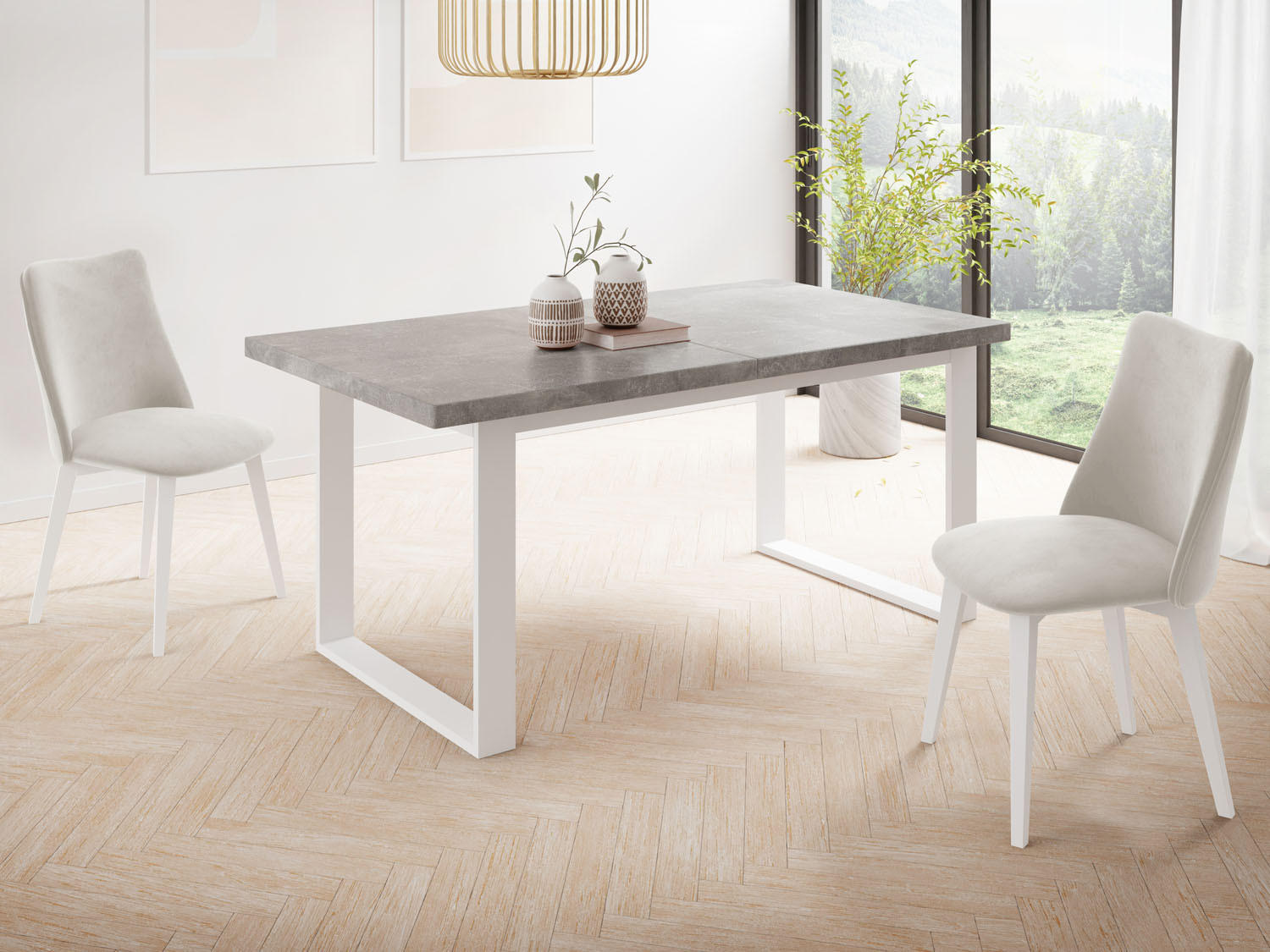 ESSTISCH Sana rechteckig ausziehbar, Grauer Beton 160/240/90/75 cm - Hellgrau/Weiß, Holzwerkstoff/Metall (160/90/75cm) - WFL GROUP