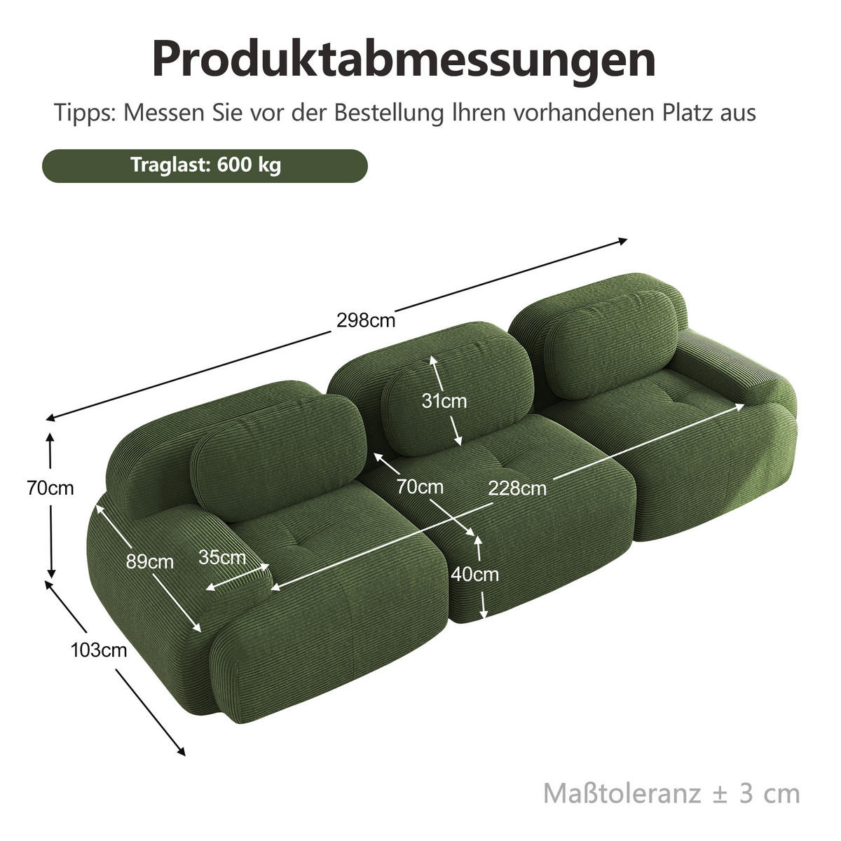 3-SITZER-SOFA DE-34025 modular Grün - Grün, Textil (103/75/298cm) - ComfortXL