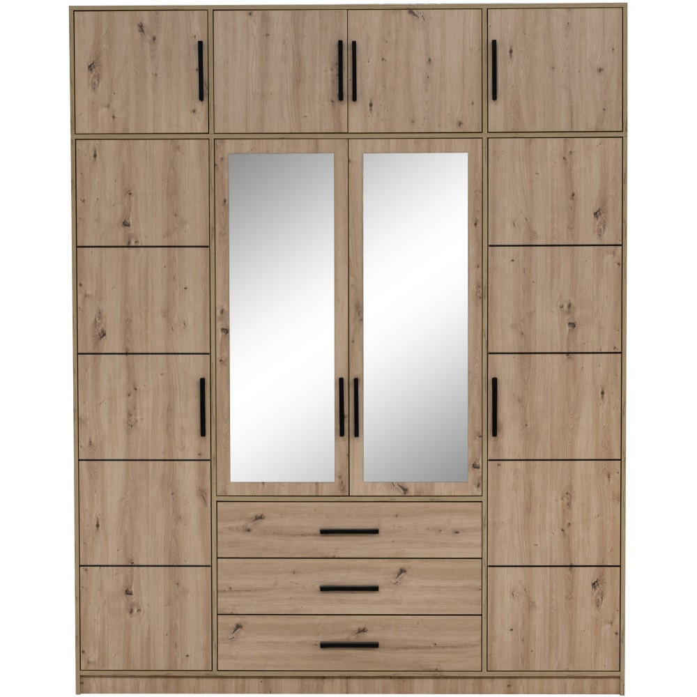 Thumbnail - Beautysofa Drehtürenschrank, Sonoma Eiche, Holzwerkstoff, 3 Schubladen, 200x245x58 cm, Schlafzimmer, Kleiderschränke, Dr...