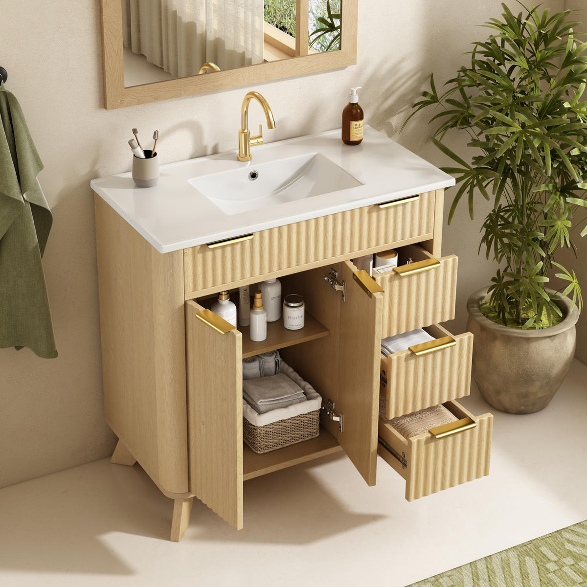 BADEZIMMERSCHRANK Wellenoptik Holzton 3 Schubladen 81cm - Naturfarben, Keramik (81/90/47cm) - FLIEKS