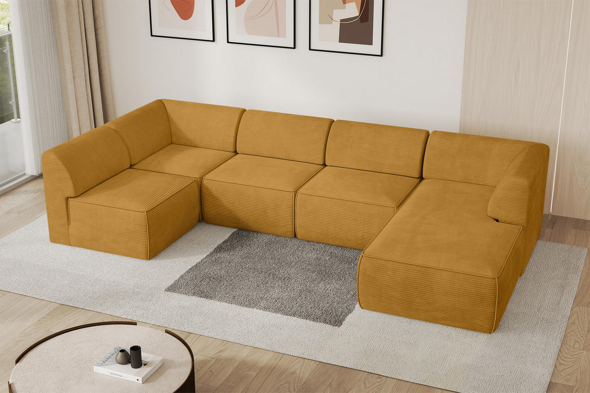 WOHNLANDSCHAFT Ottomane Rechts MOVO-L 345x180x78 cm Senffarbe Cord - Honig, Holzwerkstoff/Kunststoff (180/78/345cm) - ALTDECOR