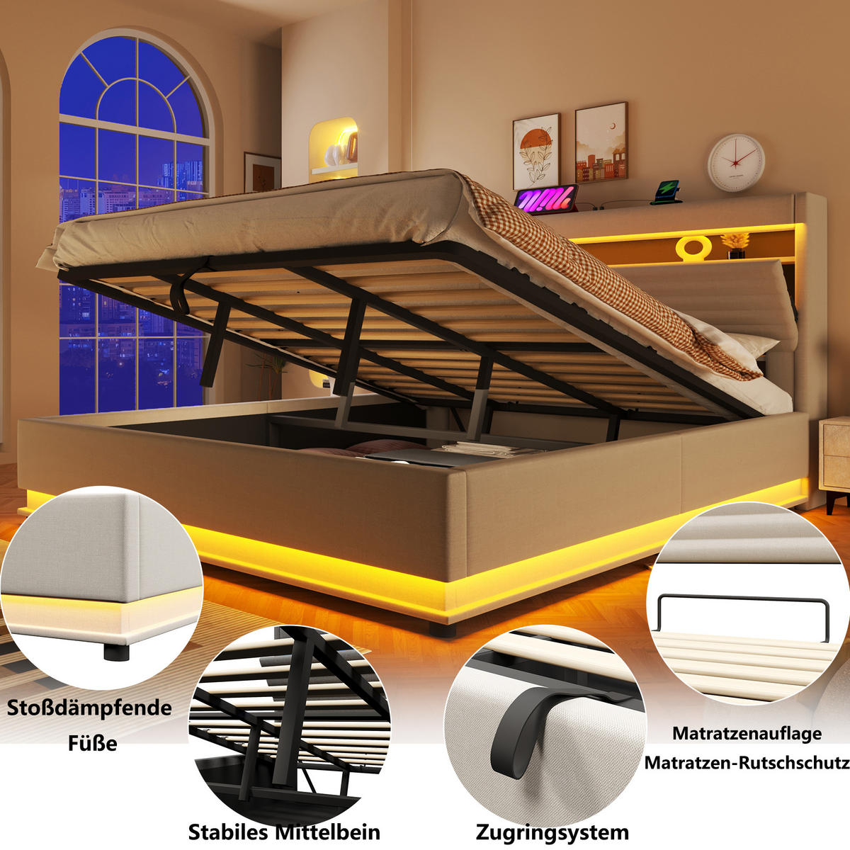 POLSTERBETT 180/200 cm Beige mit USB-Typ-C-Anschluss, LED-Beleuchtung und Ablagefach - Beige, Textil (180/200cm) - Oxeza