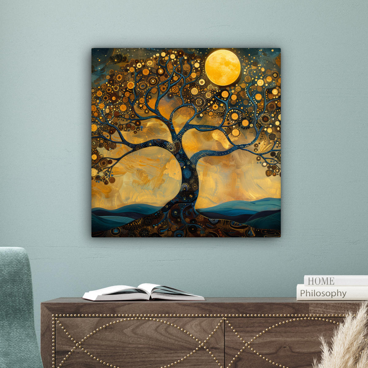 LEINWANDBILD Baum - Mond - Blumen - Gold - Kunst Wandbild Wohnzimmer 50x50 cm - Orange, Textil (50/50cm) - MuchoWow