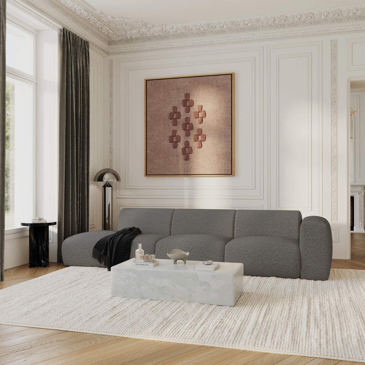 SOFA 5-SITZER Bouclé-Stoff 310cm - Graphitfarben/Grau, Textil (310/73/96cm) - Sia Home