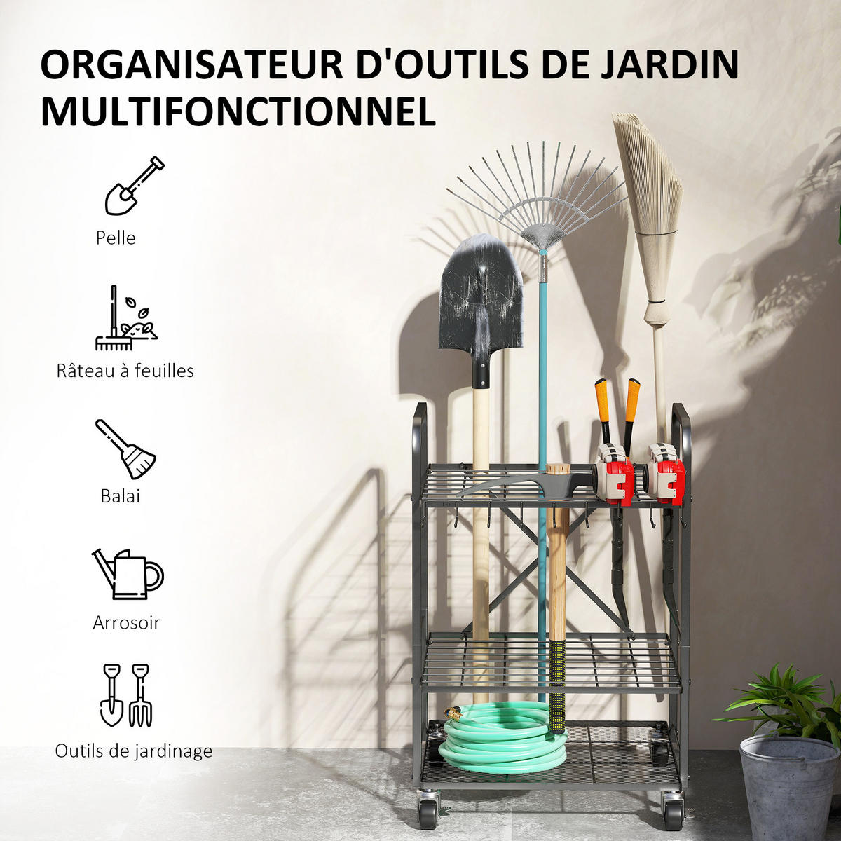 GARTENREGAL DE-13808 mit Rollen und 40 Fächern Schwarz - Schwarz, Metall (48/70/57cm) - ComfortXL