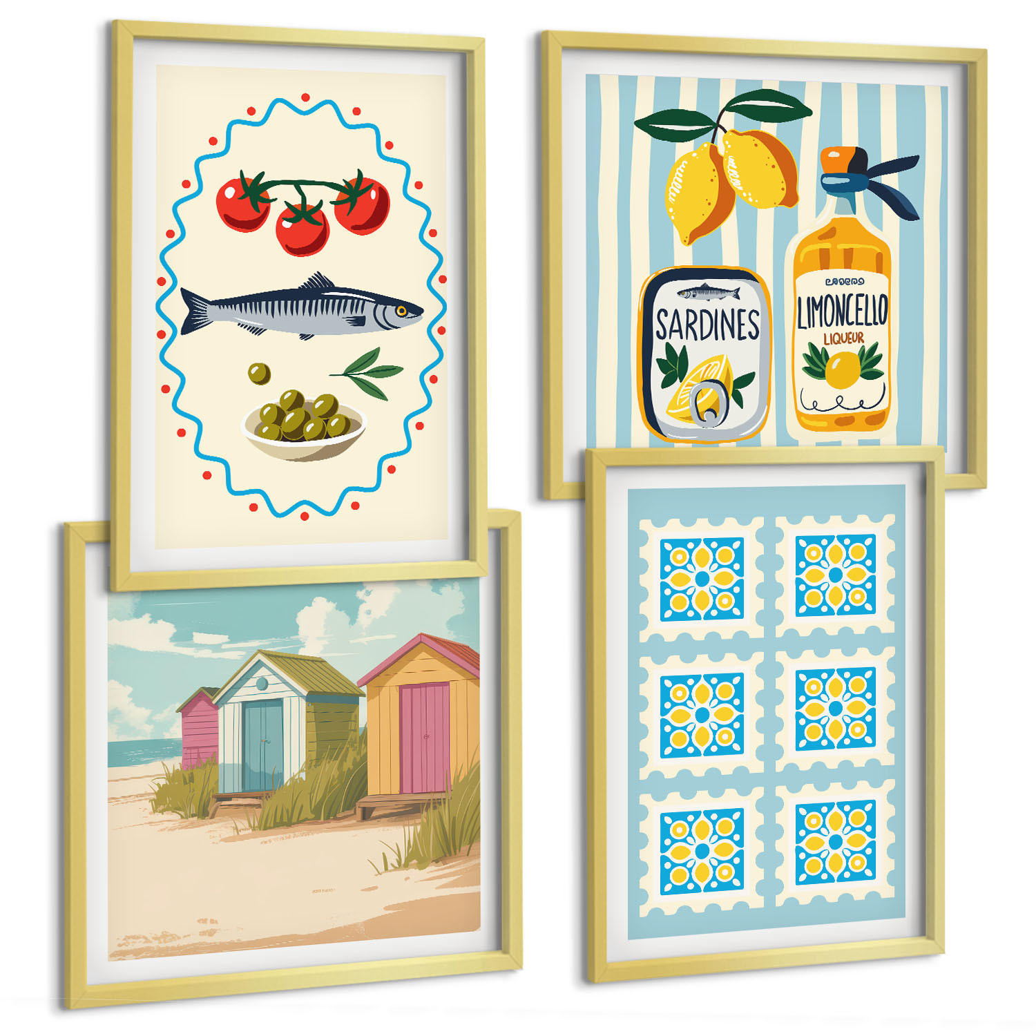 BILDER SET 4er Set - 50x50 cm & 40x60 cm Goldrahmen - Illustrationen der mediterranen Küche - Goldfarben, Kunststoff (50/50cm) - TULUP
