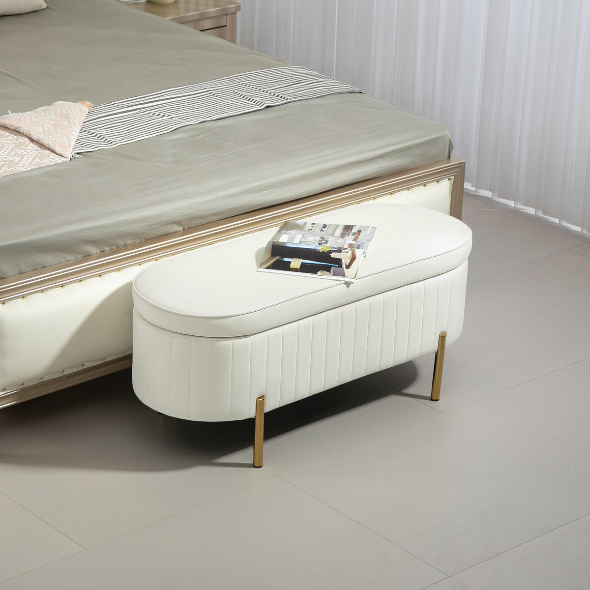 SITZBANK Polyester Metall Cremeweiß - Goldfarben/Creme, Textil/Metall (44/43.5/108cm) - HOMCOM