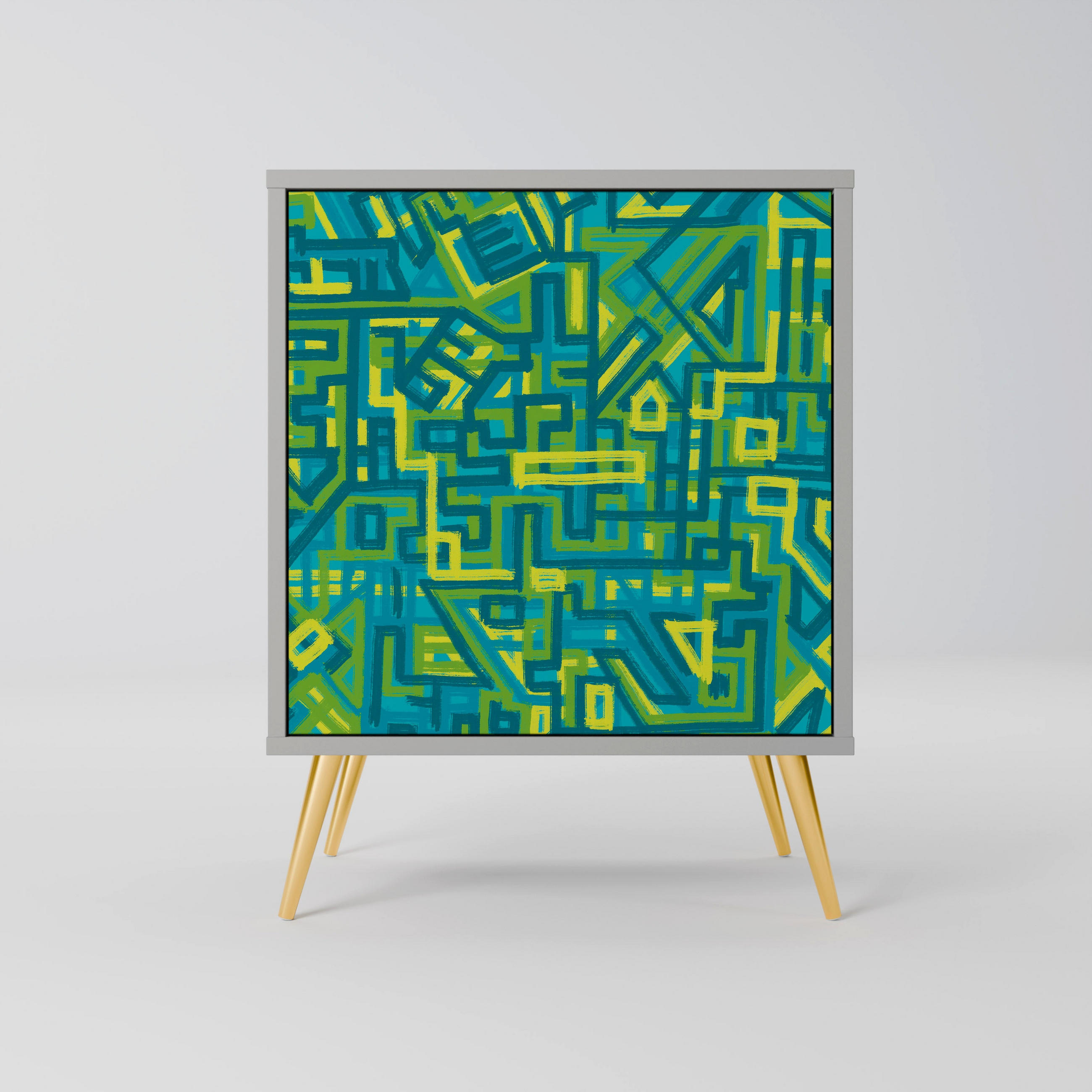 SIDEBOARD NOSTALGIC MEMORIES, Grau, 57,5x42x75,5 cm, Goldfarbene Metallfüße - Goldfarben/Multicolor, Holzwerkstoff/Metall (57.5/75.5/42cm) - SpaceRebels