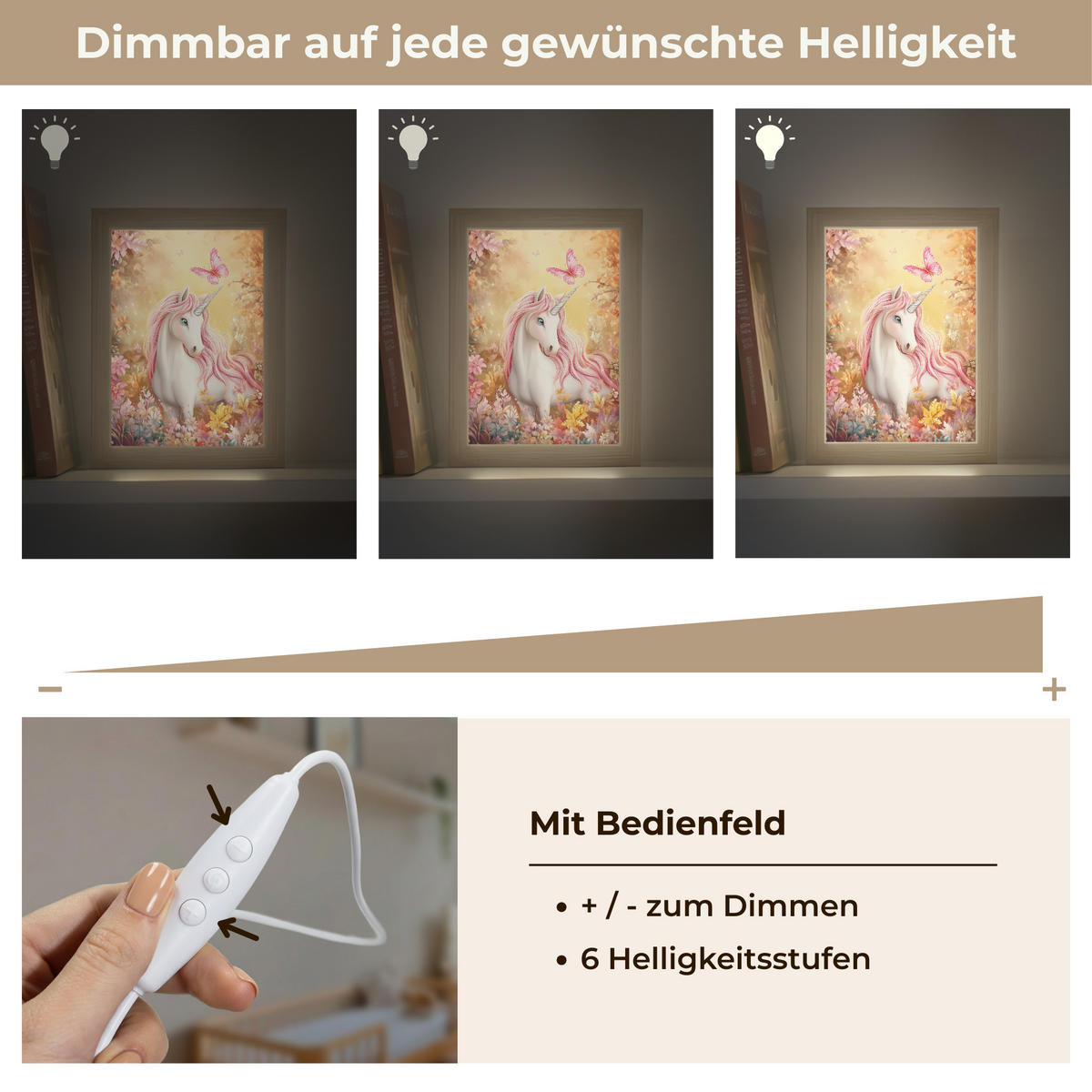 NACHTTISCHLAMPE Einhorn - Blumen - Schmetterling - Rosa 15x20 cm - Beige, Holzwerkstoff (8/15/20cm)