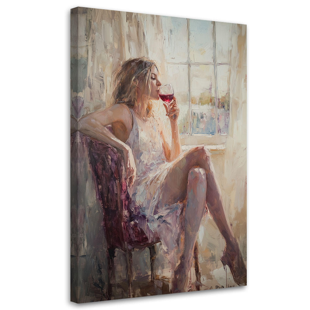 WANDBILD nachdenkliche frau mit einem glas wein - Beige, Textil (60/90cm) - Feeby