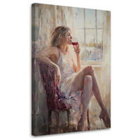 WANDBILD nachdenkliche frau mit einem glas wein - Beige, Textil (70/100cm) - Feeby