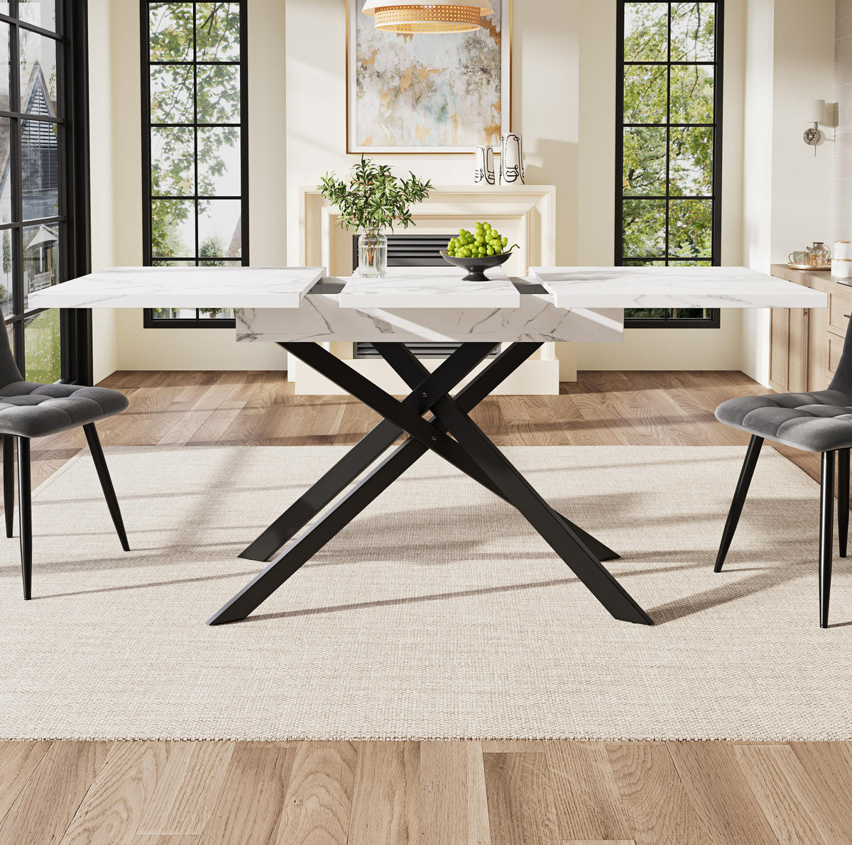 ESSTISCH 120-160x80x77 cm in Weiß und Schwarz aus MDF mit Marmoroptik auf Metall-Kreuzbeinen ausziehbar - Weiß, Holzwerkstoff (160/80/76.5cm) - Modfu
