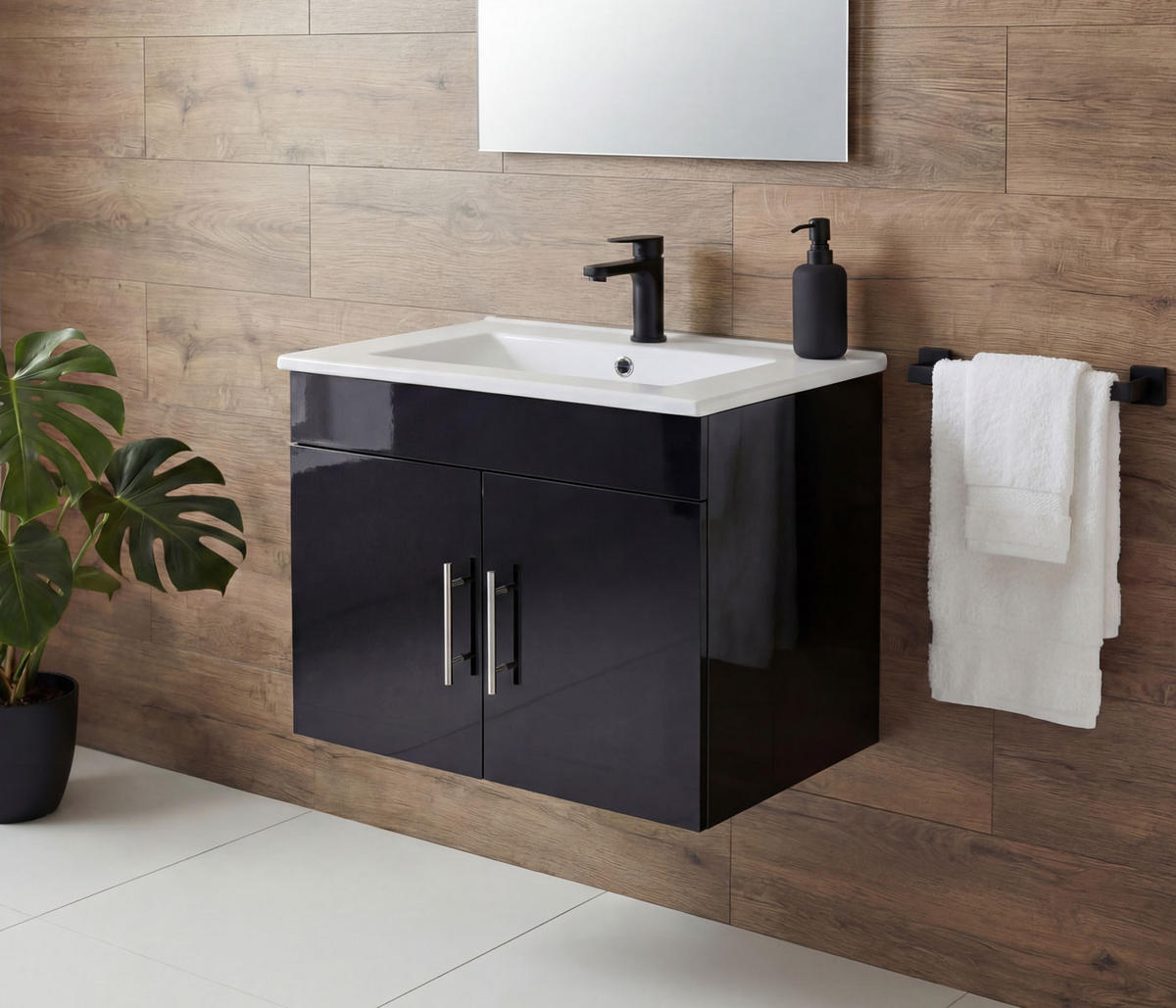 WASCHBECKEN + UNTERSCHRANK Hochglanz Schwarz - Schwarz Hochglanz, Holzwerkstoff (61/50/48cm) - MCW